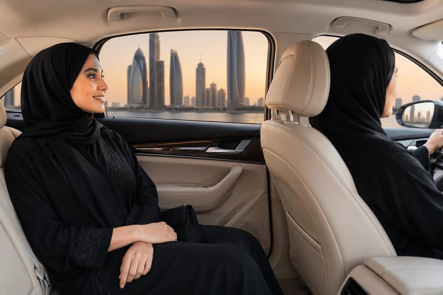 A woman travelling in the rear seat of a ladies-only car lift, Dubai skyline through the window