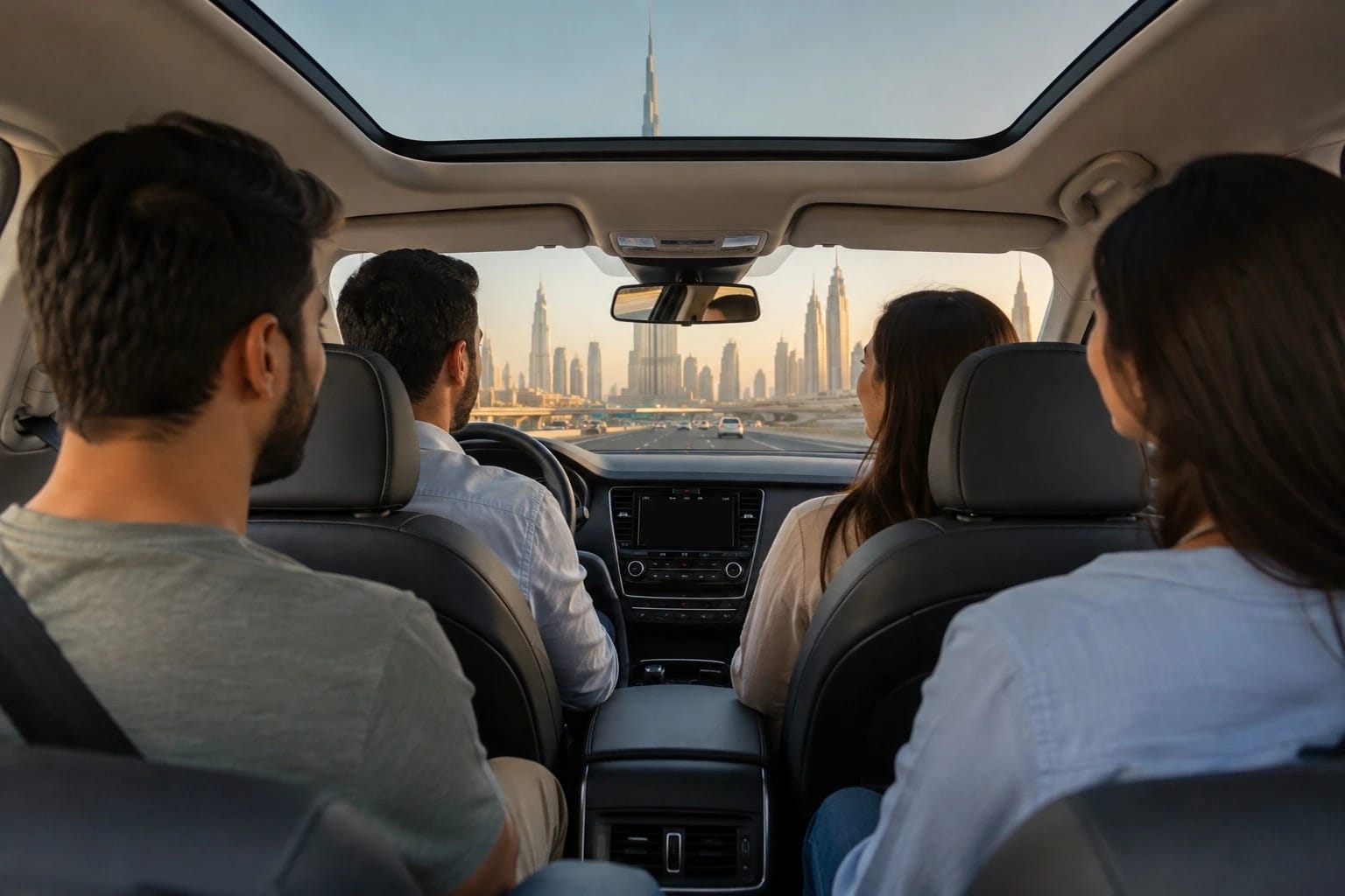 Four commuters sharing a car on the daily run between Dubai and Abu Dhabi